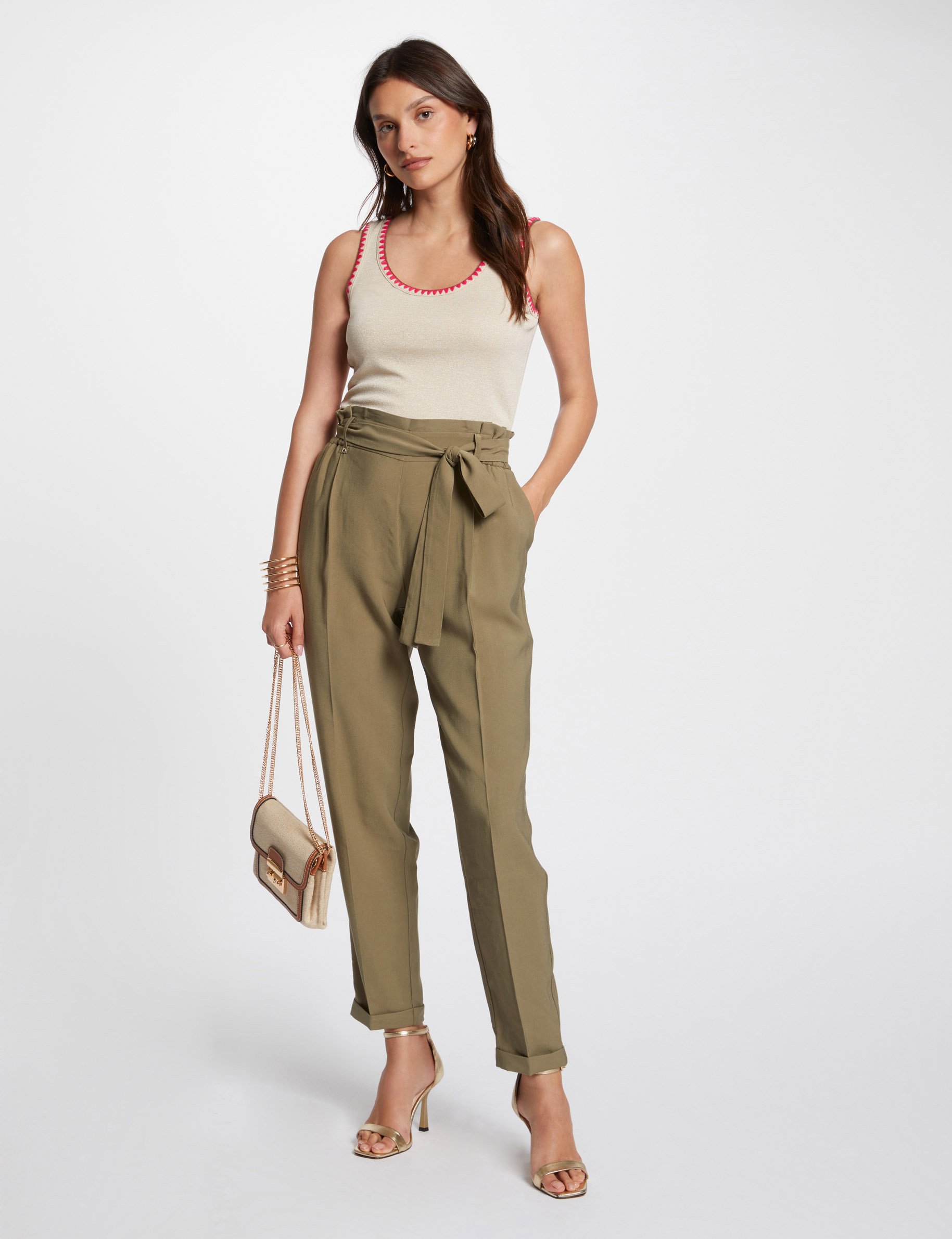 Pantalon holgado cinturon verde caqui mujer Morgan