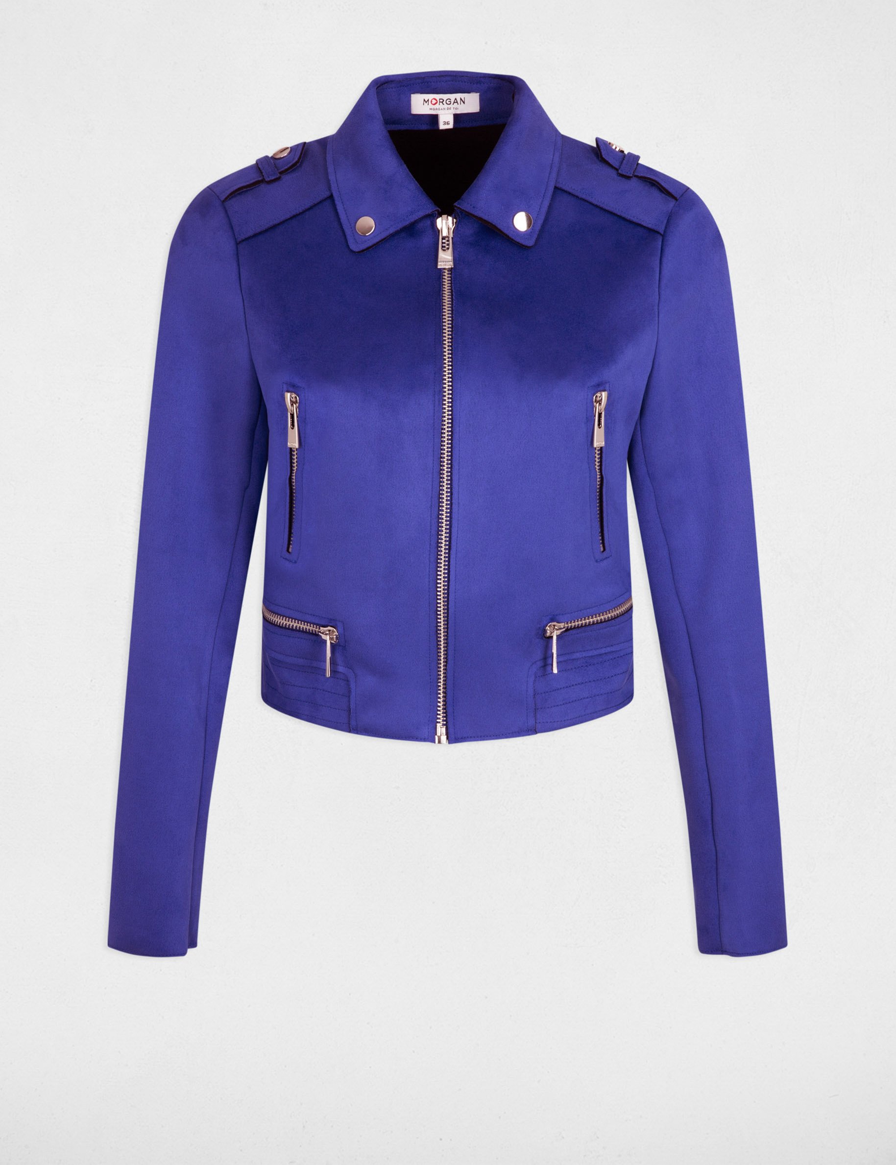 Chaqueta recta efecto de antelina azul electrico mujer Morgan